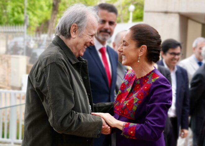 Claudia Sheinbaum se reencuentra con el cantautor Juan Manuel Serrat en Barcelona al cierre de su gira