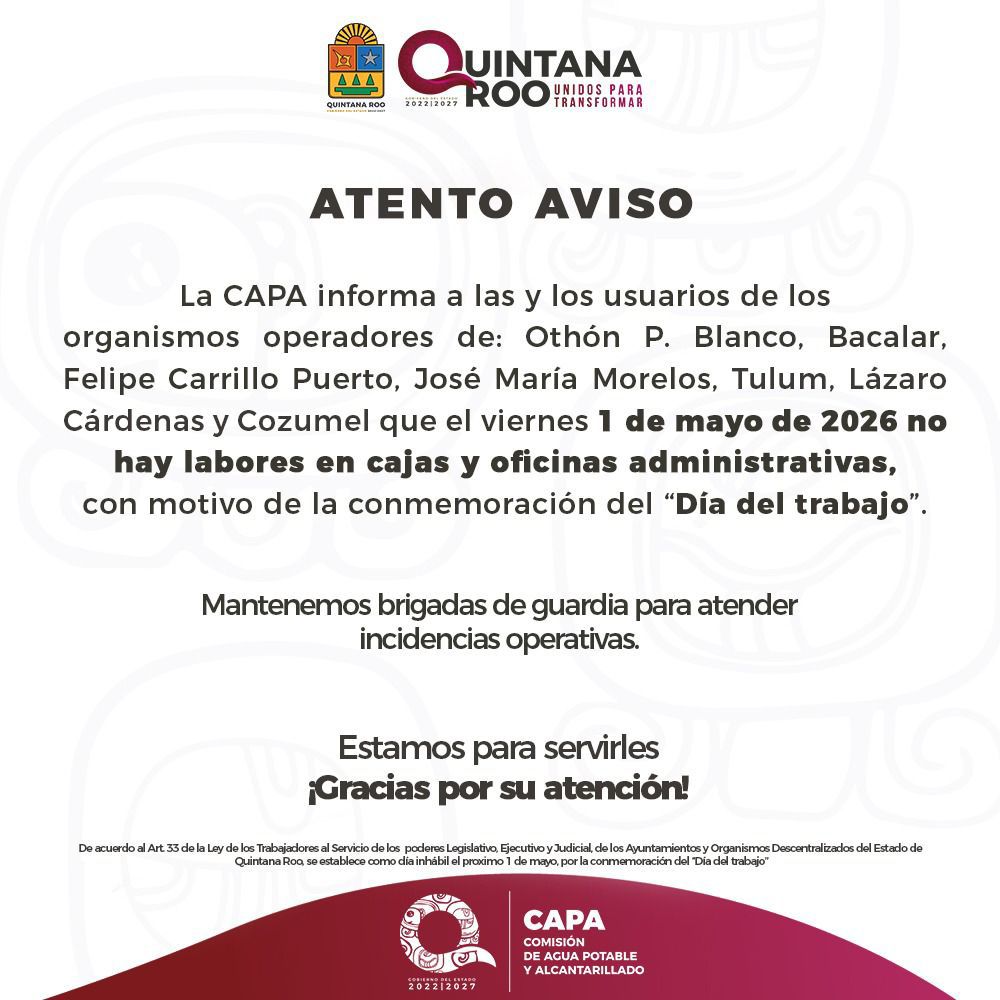 Capa suspende labores el 1 y 4 de mayo; reanuda servicios el martes