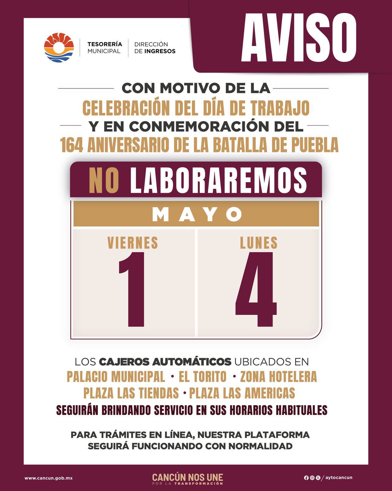 Anuncia Ayuntamiento cierre de cajas y módulos en próximas fechas inhábiles