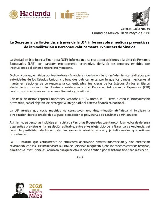 Gobierno federal aclara que bloqueo a cuentas de Rubén Rocha Moya es una medida preventiva