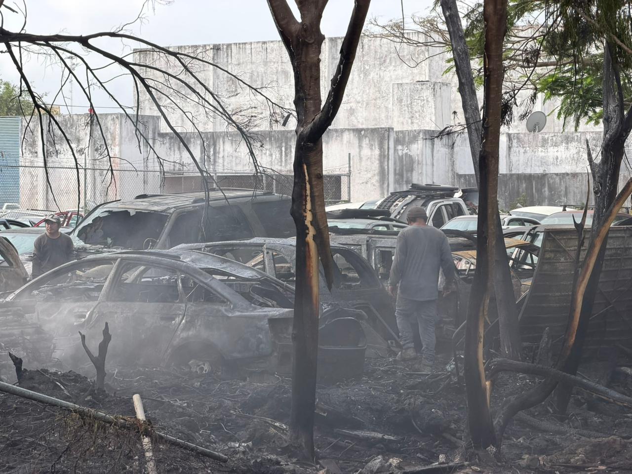 Incendio devora 15 vehículos en deshuesadero en Cancún
