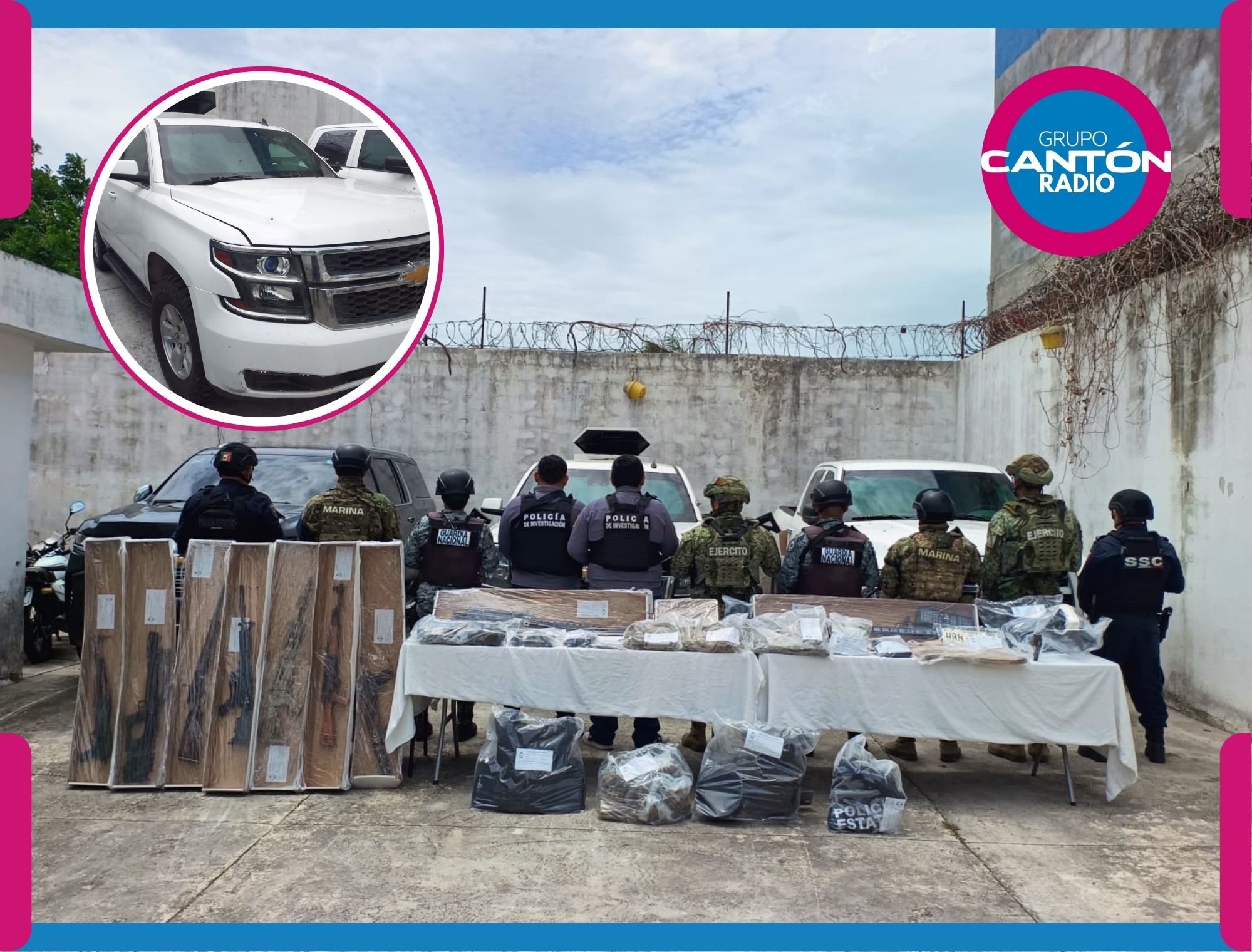 Abandonan camionetas, arsenal y droga en brecha de Bacalar
