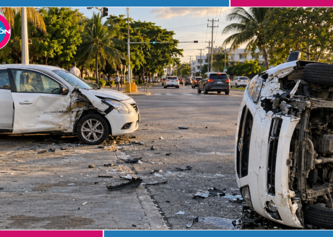 Automóvil vuelca tras choque en Cancún; conductora termina hospitalizada